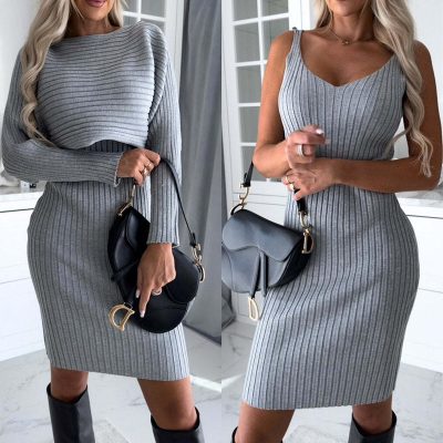 Conjunto 2pcs manga comprida, riscas sólidas e saia justa com suspensório
